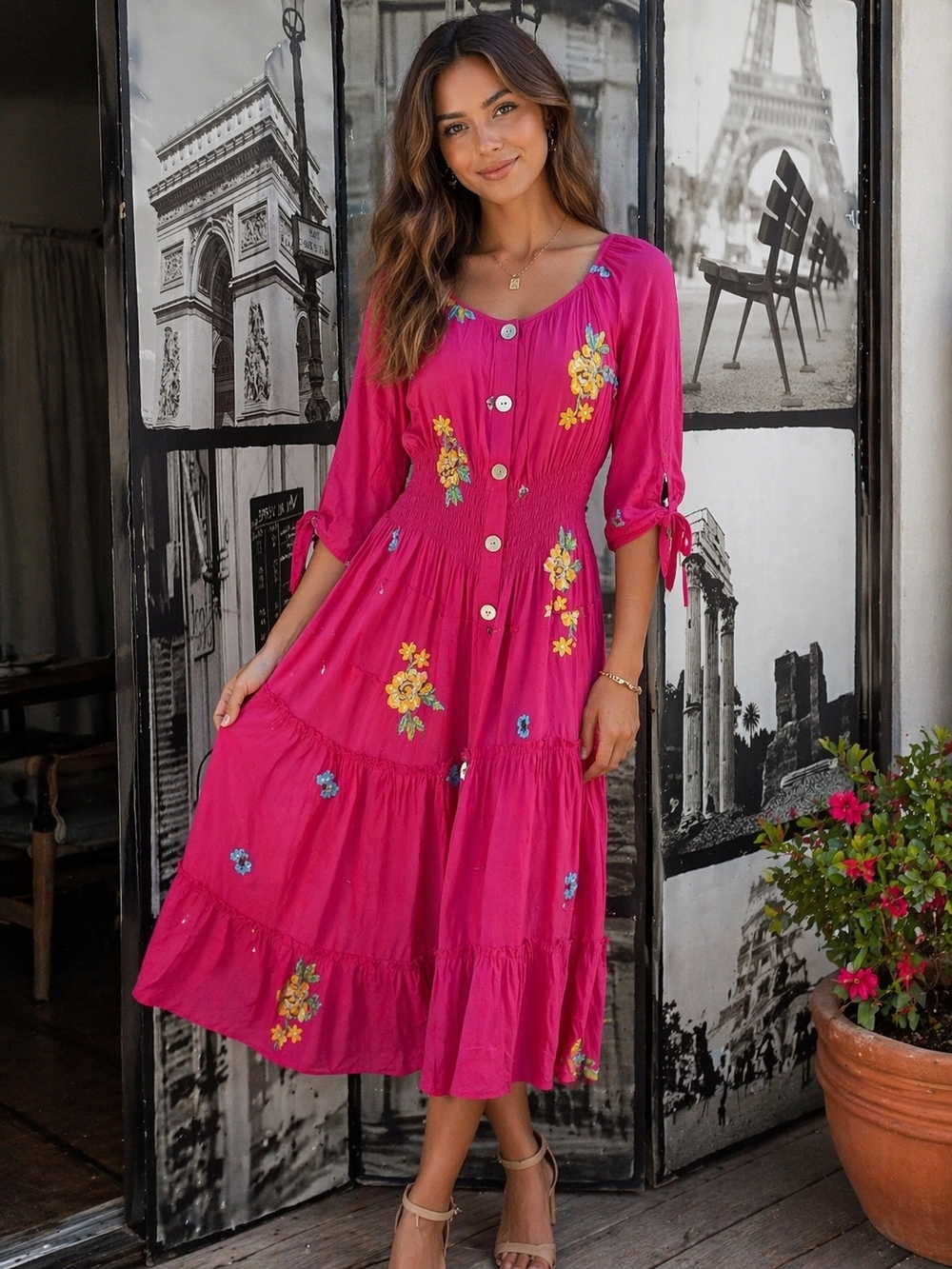 NWT Fig& Flower Pink Embellished Midi Dress With embroidery Yellow/Blue Size XL